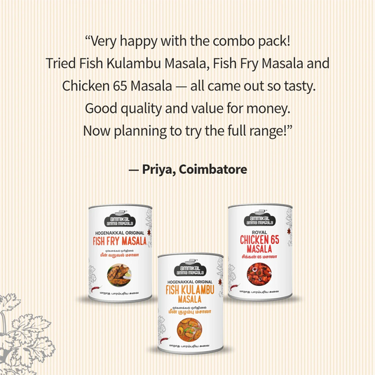 Hogenakkal Fish Fry, Kolambu & Chicken 65 Masala - Combo